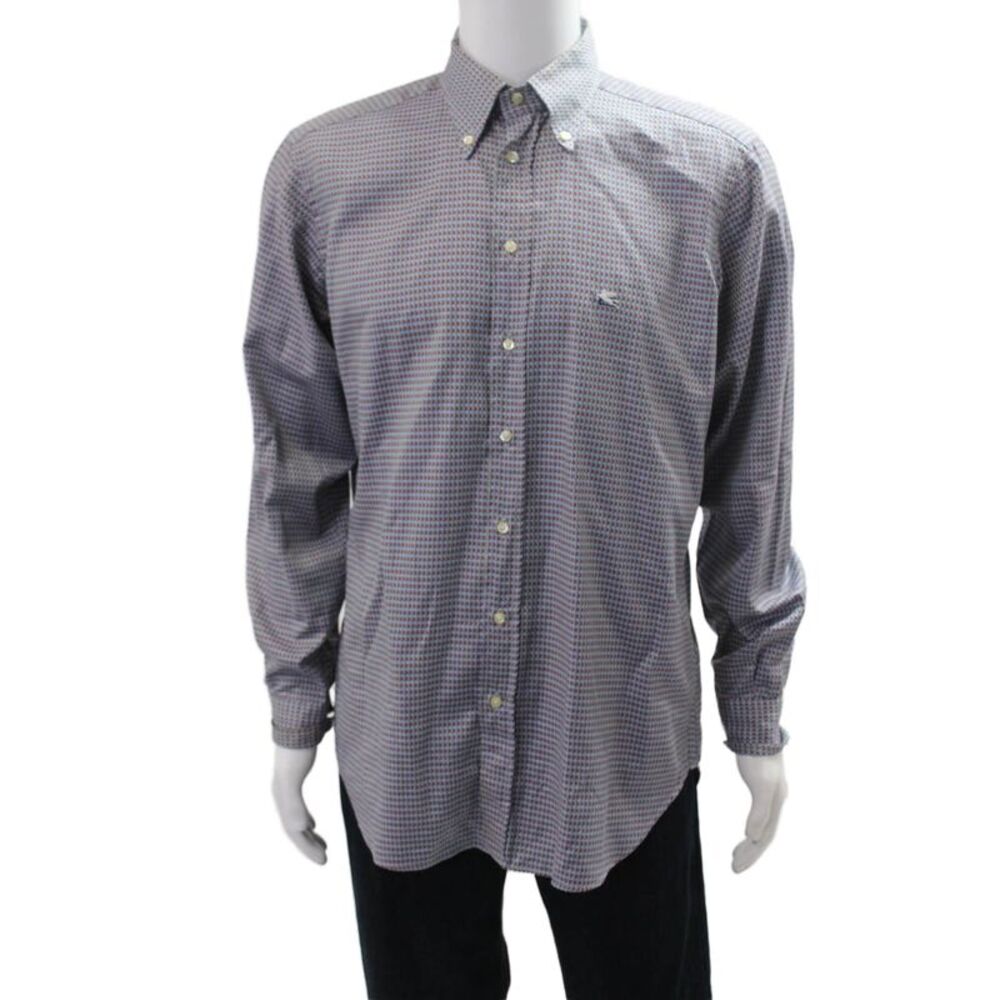 Etro Milano Mens Cotton Geometric Print Button Down Shirt Blue Size 40